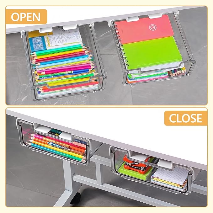 Under Desk Storage Drawer Self-Adhesive Easy Hidden Desktop Organizer, Attachable Clear Acrylic Storage Tray Under Table Drawer for Home Office School Counters Workstation