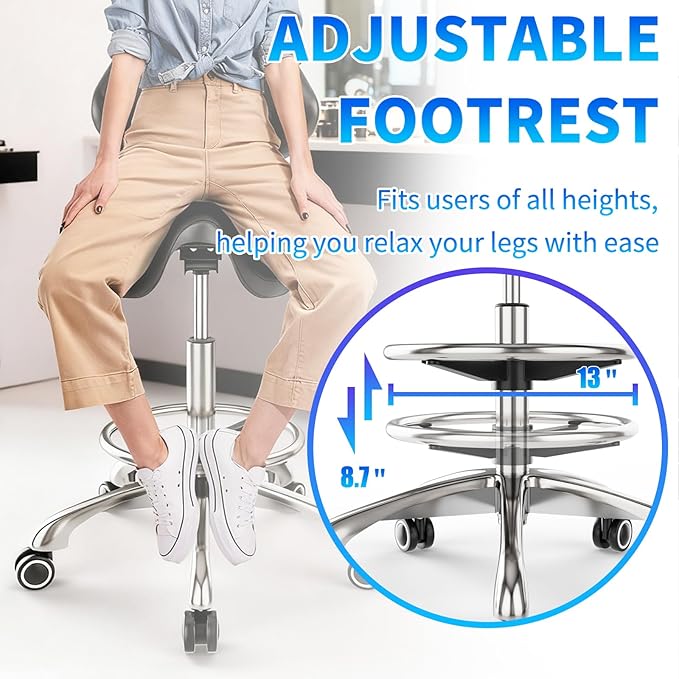 Saddle Chair with Back Support - Tilted Backrest, Adjustable Foot Rest, 350 LBS Capacity Ergonomic, 360° Swivel Drafting Chair for Salon, Spa, Massage, Tattoo, Facial lash, Home, Dentist (Black)