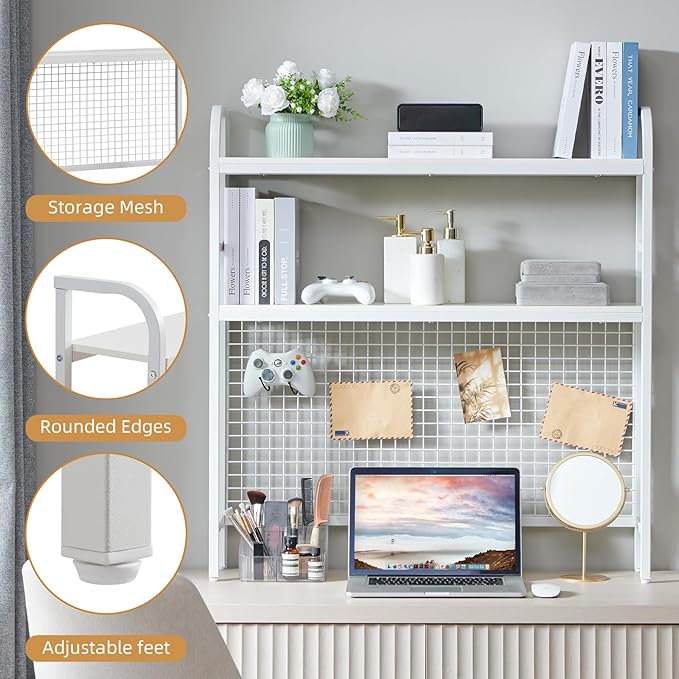 Desktop Hutch Shelf Organizer, 2-Tier Metal & MDF Desk Bookshelf with Grid Panel and Hooks for Office & Dorm (White, 36.8")