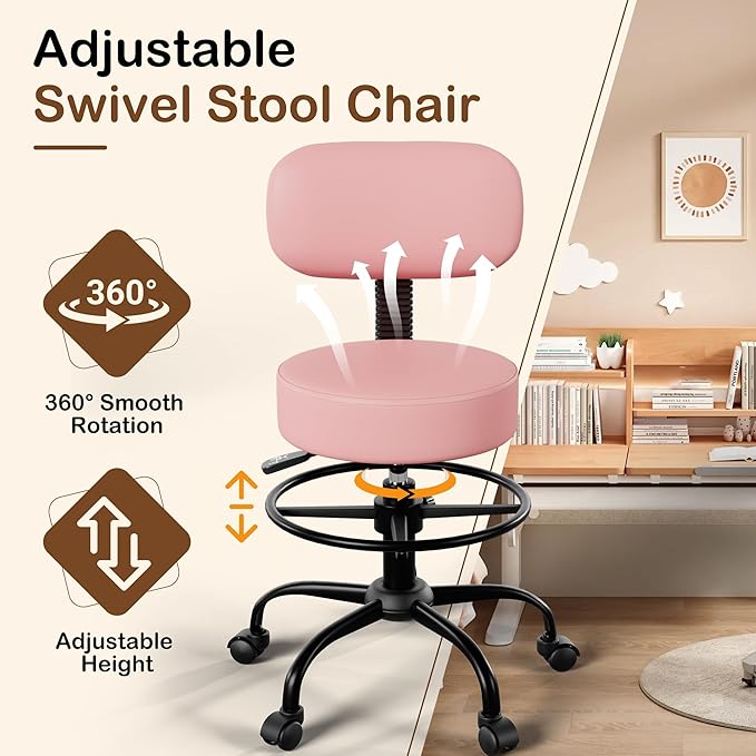 Drafting Chair with Back Support, Adjustable Foot Rest Rolling Stool, 360° Swivel Office Desk Chair with Wheels, Thick Seat Cushion for Home Bar Salon Tattoo Shop (2, Pink)