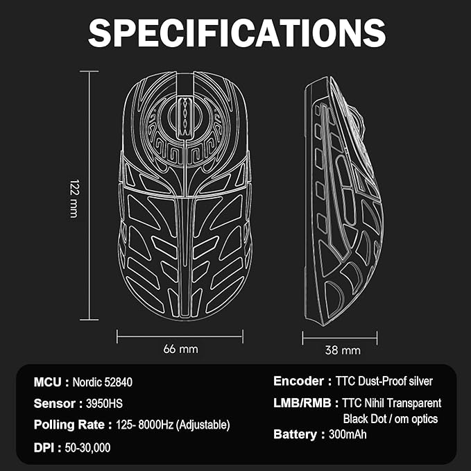 WLMOUSE Strider Magnesium Gaming Mouse 45g Superlight Magnesium Alloy Wireless Gaming Mouse, 125-8000Hz (Adjustable) Wireless Polling Rate, PAW 3950 HS Sensor, for PC/Laptop/Mac(Strider TTC-White)
