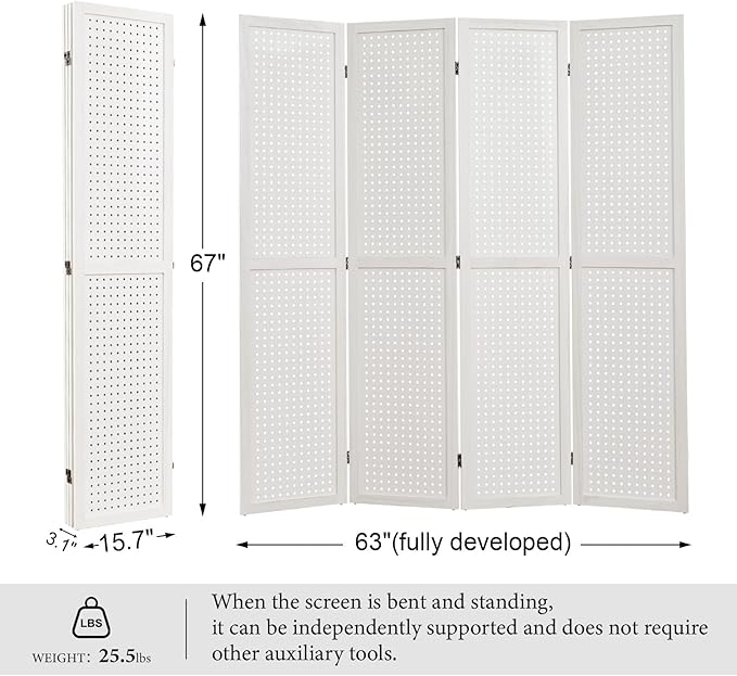 Pegboard Display, 5.6Ft Wooden Room Divider Folding Privacy Screens Portable Freestanding Wall Organizer for Retail Craft Art Display Board (4panels, White)