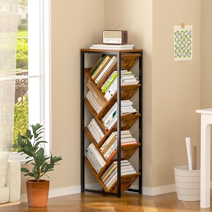 Cutogxon Tree Bookshelf - 9 Tier Floor Standing Tree Book Storage Organizer with Adjustable Feet for Hardcover Books, Vintage Living Room, Corne,Small Space, Patent Pending