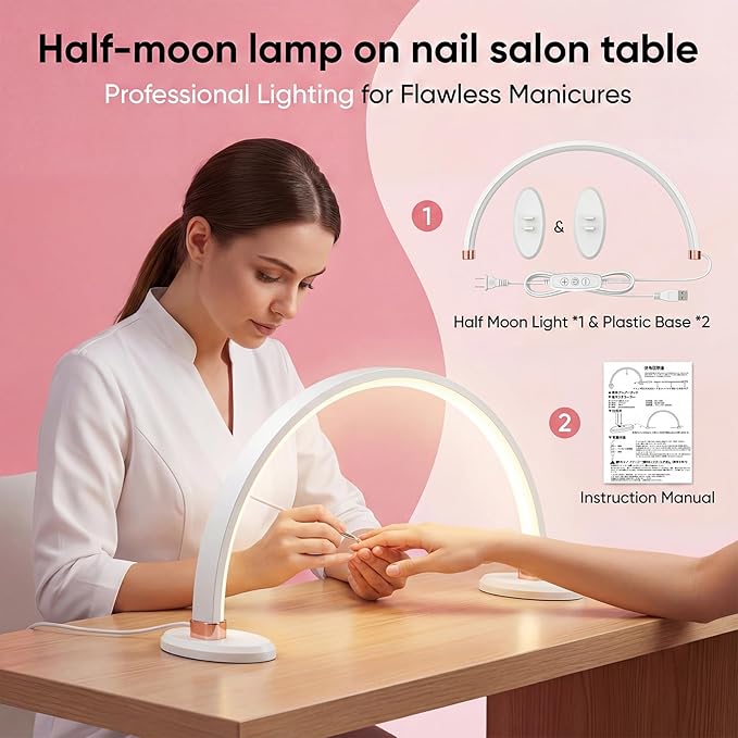 16" Half-Moon Nail Desk Lamp with Foldable Bracket, Stepless Dimming 3000–6500K Shadow-Free LED Task Light for Manicure Table/Salon, Makeup, Lashes & Crafts, Eye-Caring, DC-Powered – White