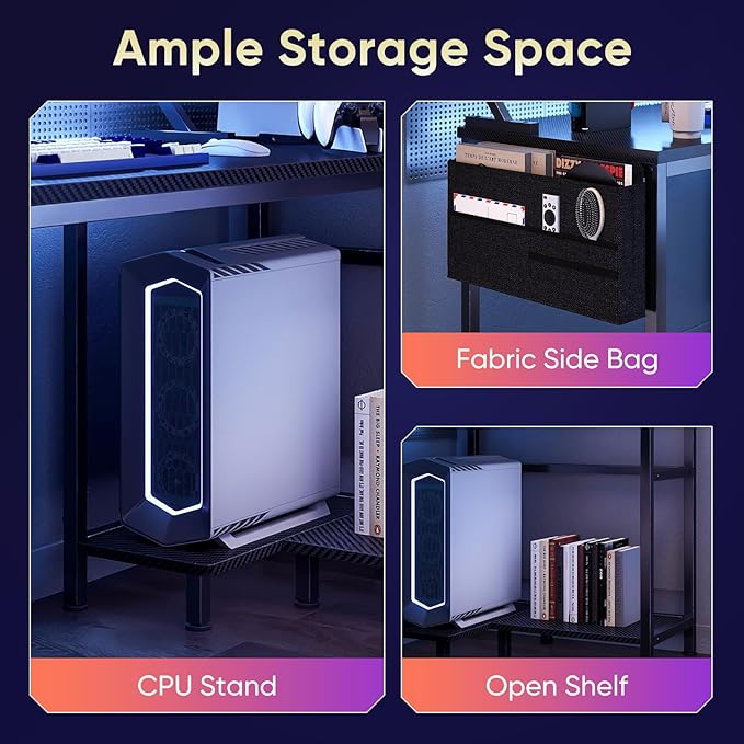 DUMOS Gaming Desk, Computer Desk with USB Charging Ports, Power Outlets, Type-C and LED Lights, Reversible L Shaped Desk with Storage Shelves & Monitor Stand for Office Gaming Room Black 48IN