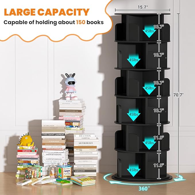 Besiost Rotating Bookshelf Tower, 6 Tier Spinning Bookcase, Revolving 360 Book Shelf Narrow Tall Bookcase, Vertical Turning Round Bookshelf Organizer, Wood Corner Bookshelf for Small Space, Black