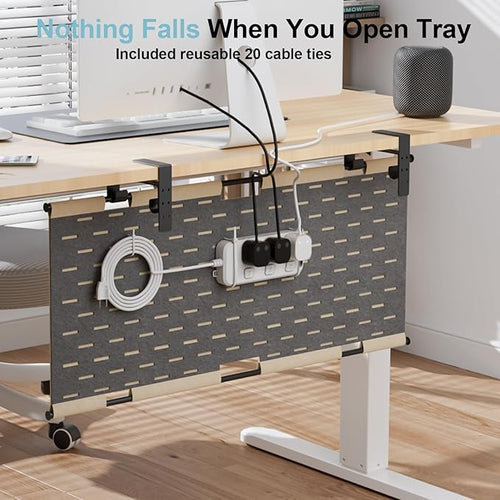 2-in-1 Under Desk Cable Management Tray & Privacy Panel, Dual-Sided Thick Felt Cord Organizer with 20 Cable Ties,Heavy Duty Steel Frame Support, No-Drill Clamp Mount,Large Capacity (Khaki/Gray, 45.2")