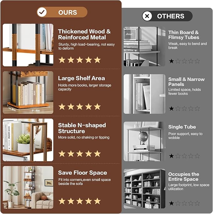Bikoney Rotating Bookshelf, 360 Display Spinning Bookshelf Tower, 5-Tier Narrow Bookcase, Tall Industrial Book Shelf Organizer, Small Corner Book Shelves for Living Room, Black