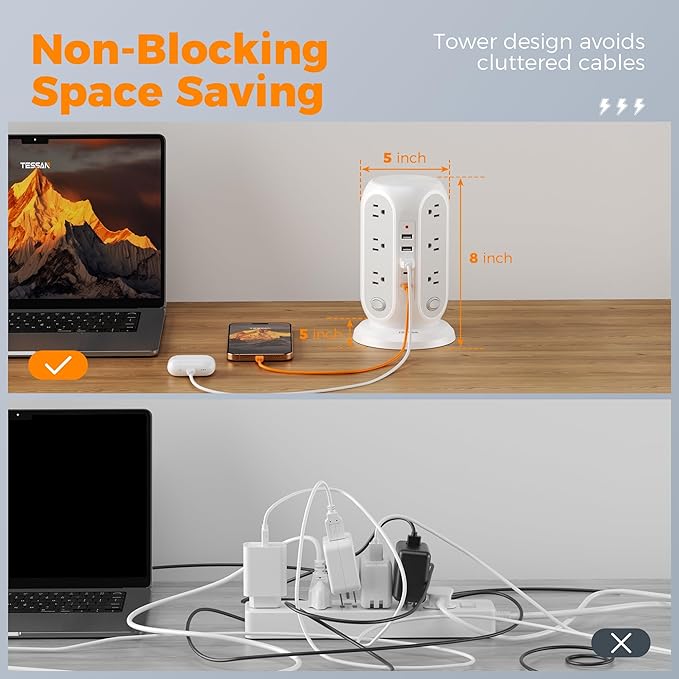 TESSAN Tower Power Strip with Individual Switches, Surge Protector with 12 Outlets, 5 USB Ports(2 USB C), Flat Extension Cord 10 Ft, 1250W, Charging Station for Multiple Devices, Office, Dorm, Grey