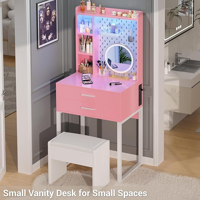 Besiost Small Vanity Desk with Hutch and Drawers, Pink Makeup Vanity Desk with Outlets, Vanity Table Dressing Table with LED Lights, Vanity Desks No Mirror with Pegboard for Girls Women, 24"