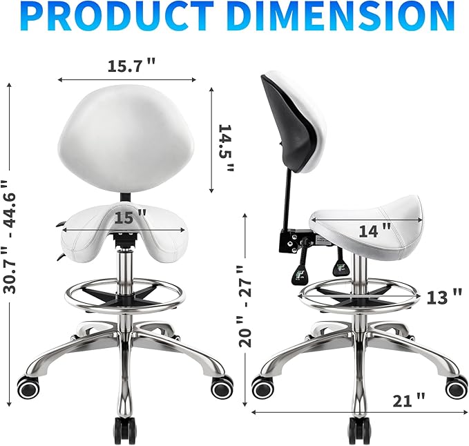 Saddle Chair with Back Support - Tilted Backrest, Adjustable Foot Rest, 350 LBS Capacity Ergonomic, 360° Swivel Drafting Chair for Salon, Spa, Massage, Tattoo, Facial lash, Home, Dentist (White)