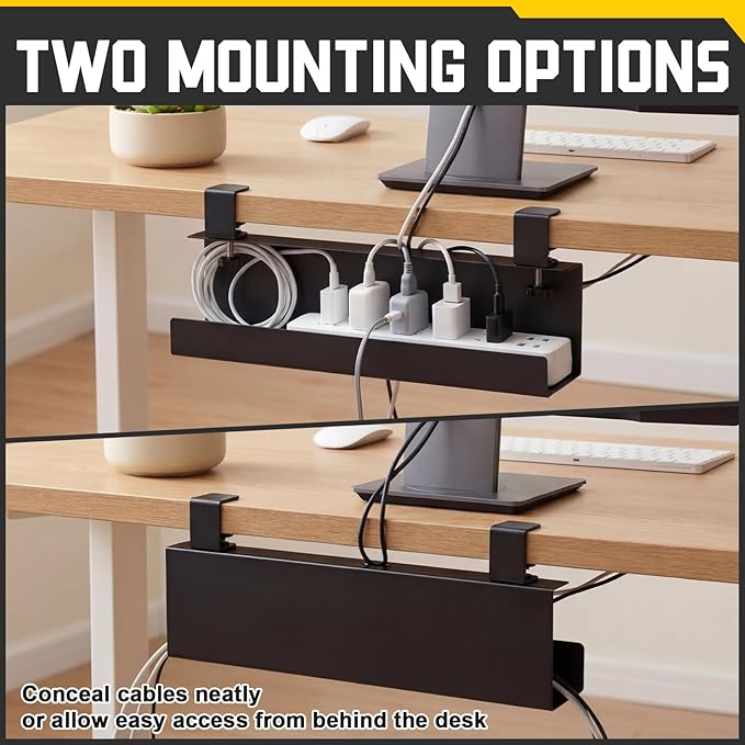 16×5×3 Inch No Drill Clamp-on Power Strip Cable Management Tray Under Standing Desk Steel Cable Organizer Wire Cord Tamer for Office, Home, Garage(Black)