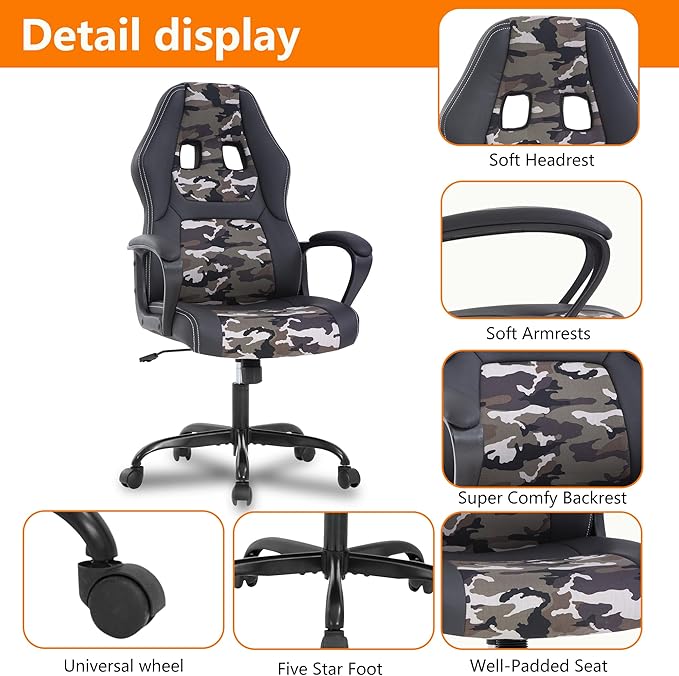 PayLessHere Gaming Chair Ergonomic Office Chair Computer Chair with Lumbar Support Ergonomic Pu Leather Adjustable Height Executive Chair for Women Men and Adults (Classic, Camo)