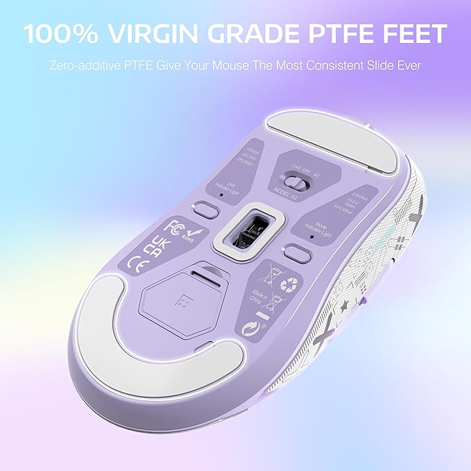 ATTACK SHARK X3 Lightweight Wireless Gaming Mouse with Tri-Mode 2.4G/USB-C Wired/Bluetooth,26K DPI, PAW3395 Optical Sensor,Kailh GM8.0 Switch,5 programmable Buttons for PC/Win/Mac(Purple+Stickers)