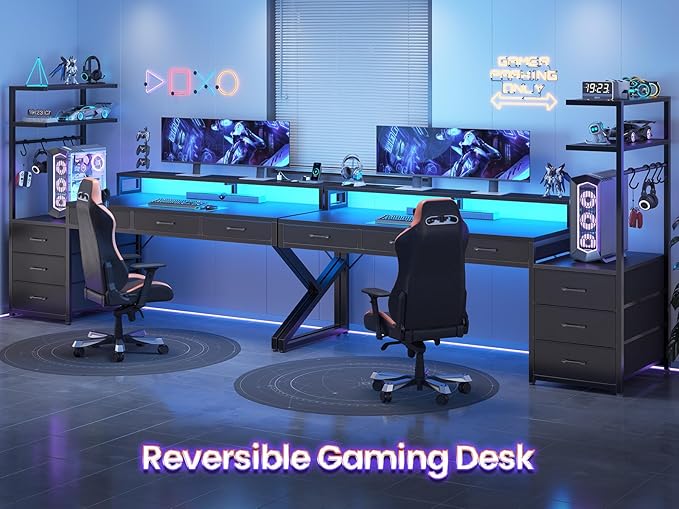 SEDETA 55" Gaming Desk with 6 Drawers, Corner Gaming Desk with Storage & LED Lights, Reversible PC Desk with Power Outlet, Corner Computer Desk with Hutch, Monitor Stand, Side Hook, Carbon Fiber Black