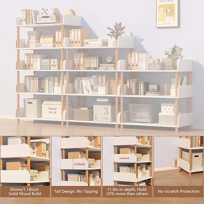 3-Tier Open Bookcase with Extra-Deep Shelves - Modern Display Bookshelf Premium Solid Wood for Living Room, Home Office & Bedroom, 11.8in Deep Storage Cabinet, Warm White (Warm White, Extra Large, 3)