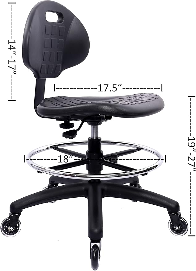 Chair Master Drafting Stool - Easy to Clean! Ergonomic Polyurethane Chair. Seat Height Adjustable w/Heavy Duty Footring for Home, Automotive, Lab, Cleanroom (Soft Roller Blade Casters, Medium Stool)