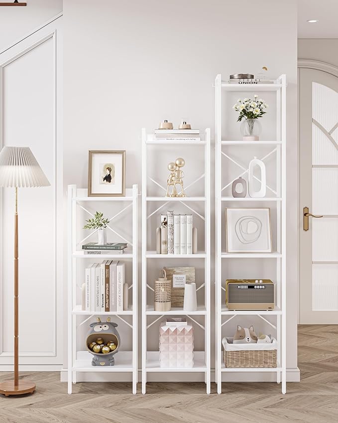 Hzuaneri Bookshelf, Book Shelf, Industrial Bookcase with 2 Hooks, Coner Shelf Storage Organizer for Home Office, Living Room, Bedroom, Kitchen, 6-Tier White BC10713W