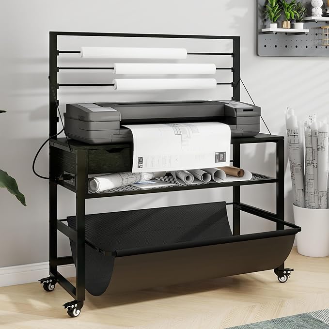 Natwind Wide Format Printer Stand, Plotter Workbench Table with Pull-Out Drafting Storage, Roll Paper Holder, Accessory Drawer, Adjustable Storage Shelf for Plotters and Cutting Machines (Black)