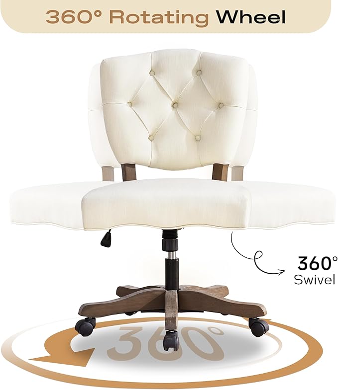 HUIMO Upholstered Swivel Desk Chair Chenille Tufted Fabric Home Office Chair with Wheels Adjustable Height Classic Task Chair with Wooden Legs Comfortable Armless Chair for Studio Study (Cream)