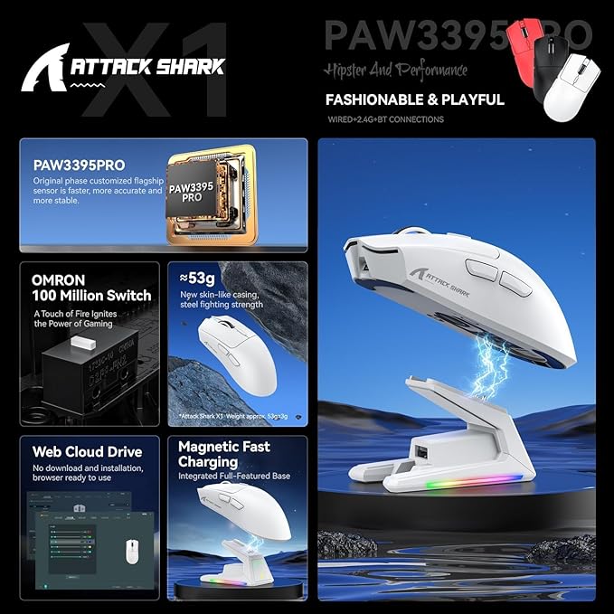ATTACK SHARK X1 Superlight Wireless Gaming Mouse with RGB Magnetic Charging Dock, BT/2.4G Wireless/Wired Gaming Mouse, PAW3395PRO Gaming Sensor, 40000DPI, 53g Office Mice for PC/Mac/Win/Xbox (White)