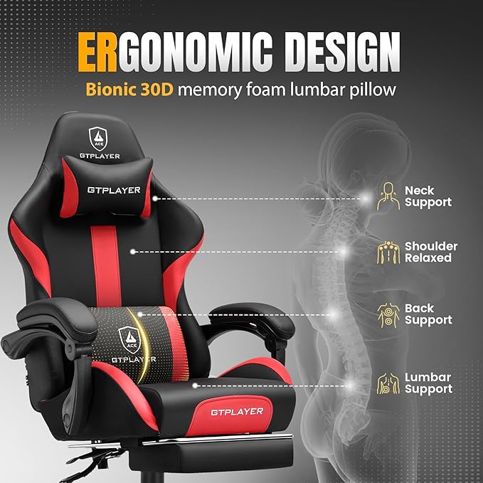GTPLAYER Gaming Chair with Foot Rest & Pocket Spring Cushion, Ergonomic High Back Computer Chair with Headrest & 360°-Swivel Seat for Home Office Desk, PU Leather, Red
