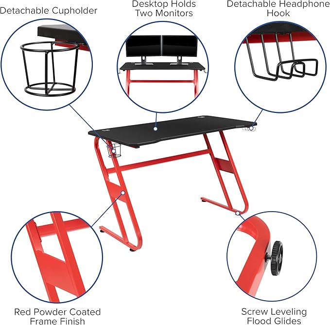 Flash Furniture Optis Red Gaming Desk and Blue Reclining Gaming Chair Set with Cup Holder and Headphone Hook