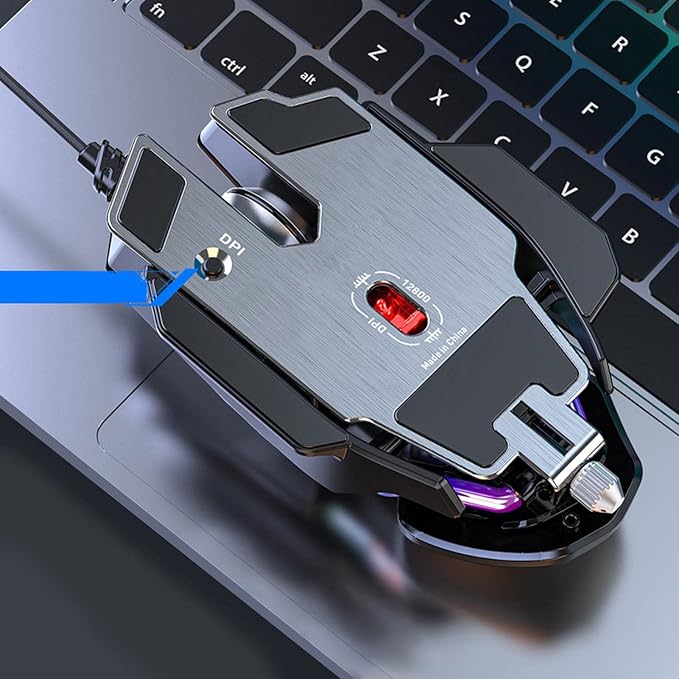 Gaming Mouse, 12800 DPI Mechanical Aesthetic Design Retractable Adjustment RGB Water Cooled Lighting Effect Wired Mouse Electroplated Rollers Metal Brushed Base PC Gaming Mice with Base DPI Cycle Key