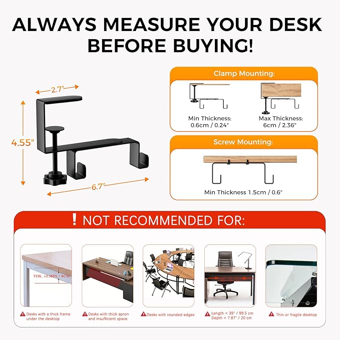 Under Desk Cable Management,No-Drill Standing Desk Cable Organizer with 2 Mounting Options - Clamp Or Screw Mounting,Upgraded Wider & Thickened Cord Holder for Home Office,38.6" L x 6" W