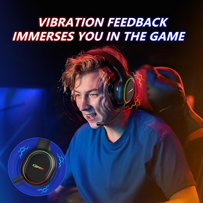 KOFIRE 2.4GHz/Wireless Gaming Headset, Bluetooth Gaming Headset for Nintendo Switch, PC, PS5, PS4, Vibration Feedback Over Ear Headphones with Noise Cancelling Mic, LED Light - Black