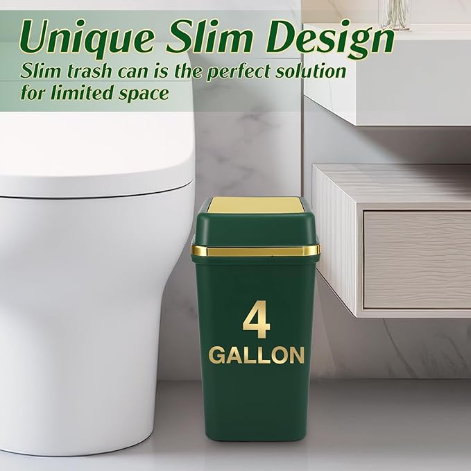 Bathroom Trash Can with Lid 4 Gallon Trash Can with Swing Lid Dark Green Small Garbage Can Bathroom Garbage Can with 300 Counts Trash Bags for Kitchen Bedroom Office