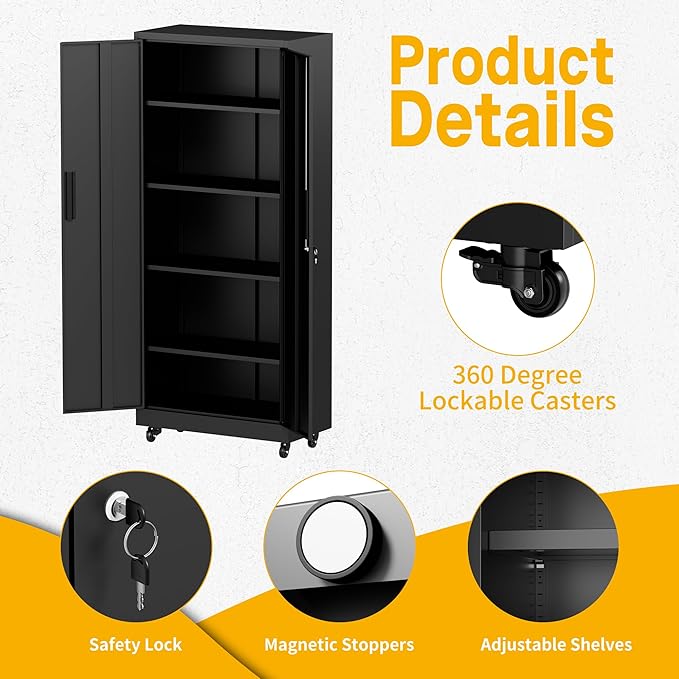 Metal Storage Cabinet with Wheels, 74.5" Garage Storage Cabinet with 4 Adjustable Shelves & Lockable Doors, Heavy Duty Garage Cabinets for Office, Home, Garage, Gym, School