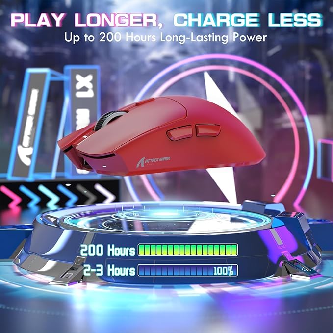 ATTACK SHARK X1 Ultralight Wireless Gaming Mouse with Magnetic RGB Charging Dock,PixArt PAW3395 Pro Sensor,40000DPI,BT/2.4Ghz/Wired,1K Polling,Optical Micro Switch,Web Driver for PC Mac Gamer(Red)