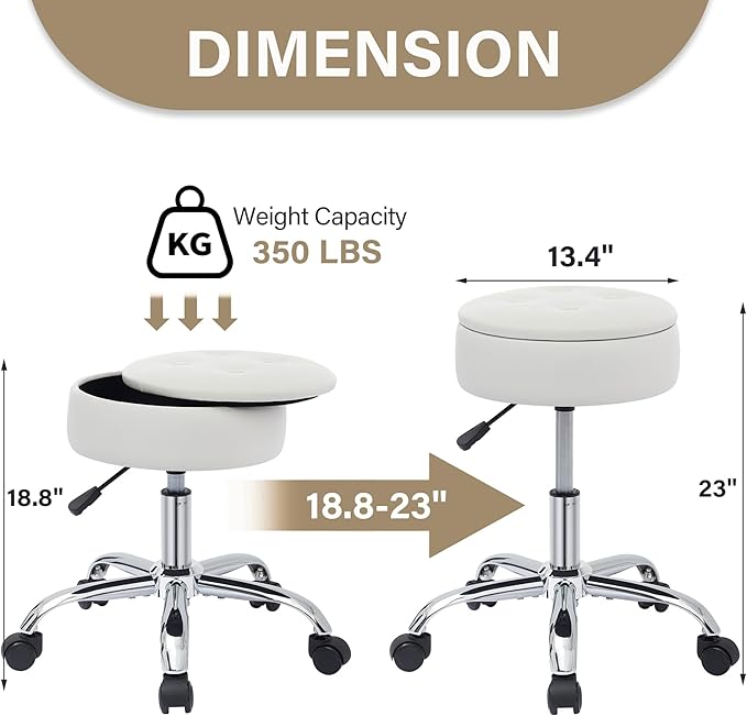 Gitrah Vanity Chair with Wheels Adjustable Vanity Stool with Storage Swivel Vanity Stool for Vanity Rolling Makeup Chair White