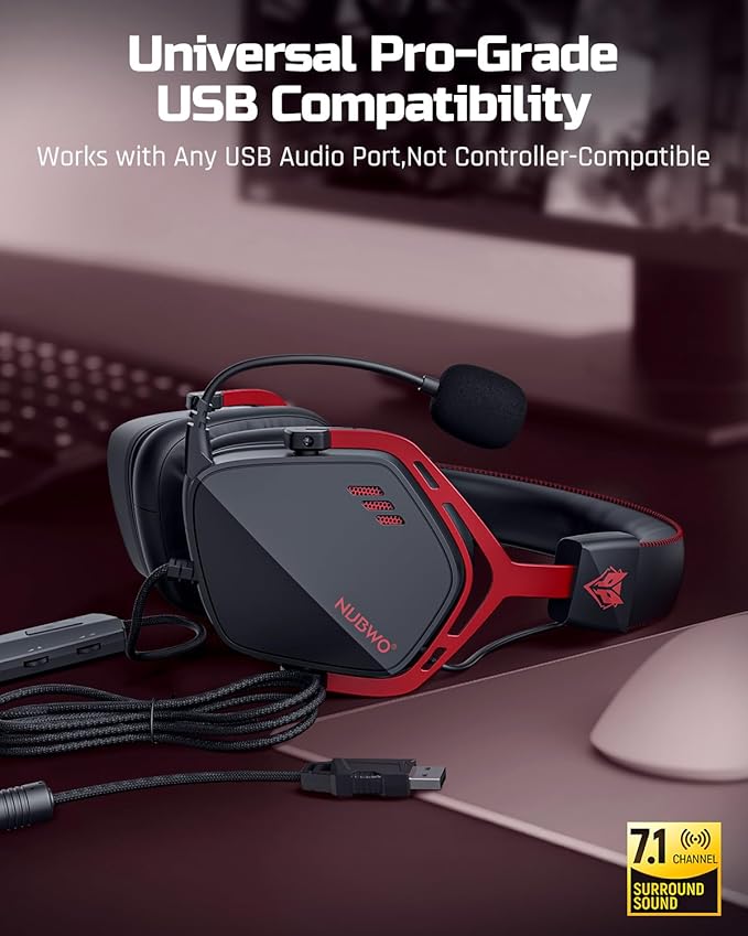 NUBWO HG03 USB-A Gaming Headset with 7.1 Surround and FPS Sound, Wired Headphones with Noise Canceling Mic, Comfortable Design for PC, Laptop - Black Red