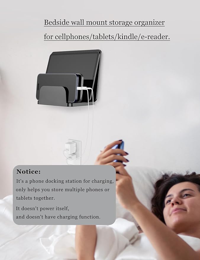 Wall Mount Phone Holder for Smartphones and Tablets, Phone Shelf with 4-Slot Docking Station Compatible with Tablet, ipad, Kindle Wall Charging Organizer (Black)
