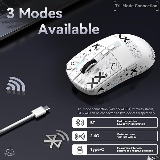 ATTACK SHARK X6 Lightweight Wireless Gaming Mouse with RGB Backlight Charging Base,Tri-Mode Wired/2.4GHz/BT5.2,26K DPI, PAW3395 Optical Sensor,HUANO Switch,5programmable Buttons,PC/Mac(White+Sticker)