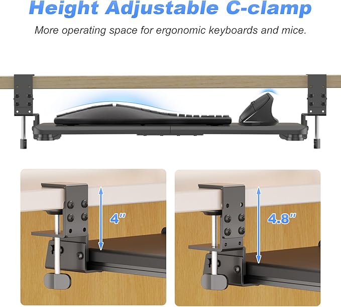 suptek Adjustable Keyboard Tray Under Desk - Slide Out with C Clamp Mount, Computer Keyboard & Mouse Tray, 25.6" (30.4" Including Clamps) x 11.8" Pull Out Computer Drawer for Typing, Black, DSF1PRO