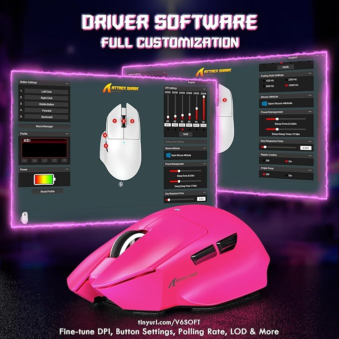 ATTACK SHARK V6 65g Superlight Wireless Gaming Mouse with RGB Magnetic Charging Dock,BT/2.4GHz Wireless/Wired Mouse 1K Polling,PixArt PAW3311 Sensor,25K DPI,Office Gamer Mice for PC/Win/Mac(Rose)