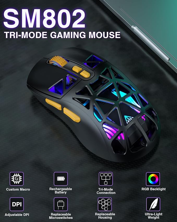 SOLAKAKA SM802 Wireless Gaming Mouse,10000 DPI,Tri-Mode Wired/BT 5.0/2.4GHz Wireless Mouse with Side Button, RGB Programmable Macro Mouse for Laptop (Black)