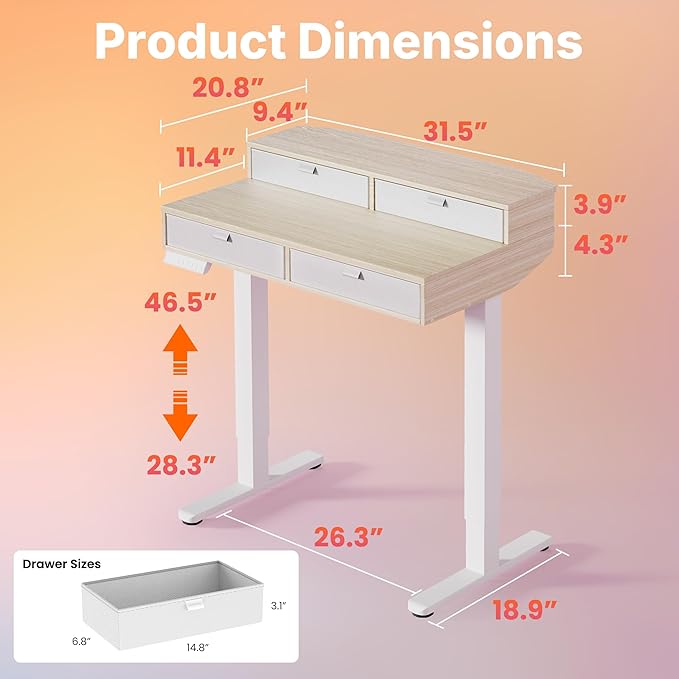 HUANUO 32 x 20 inch Electric Standing Desk with 4 Drawers, Adjustable Height Sit Stand Home Office Desk, C-Clamp Mount Compatible, Ergonomic Stand up Desk with 4 Preset Heights, Natural
