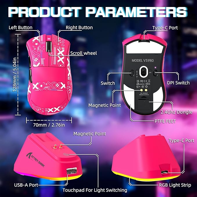 ATTACK SHARK V3PRO Wireless Esports Gaming Mouse with Magnetic Charging Dock:62g Lightweight-1K Polling-25K DPI-PAW3311 Sensor,Wired/BT/2.4Ghz Programmable,BK52820 IC for PC Mac Gamer(Berry Red+Tape)