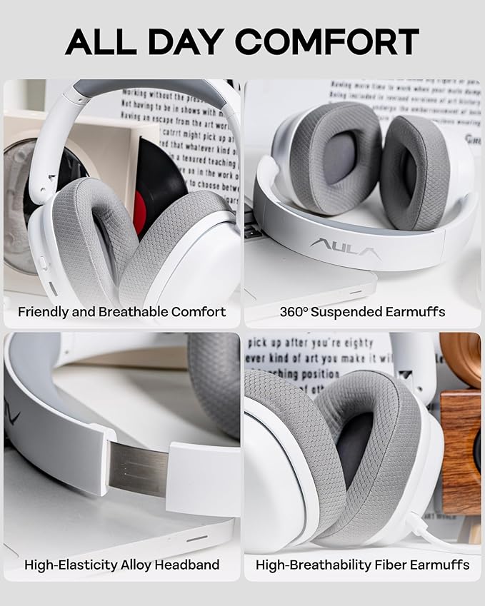 EPOMAKER X Aula G7 Pro Wireless Gaming Headset, Dual Mode BT5.3 & 2.4GHz, 7.1 Surround Sound, 80+ Hour Battery, RGB Light, with Noise Canceling Mic for PS5, PS4, Switch, PC (White)