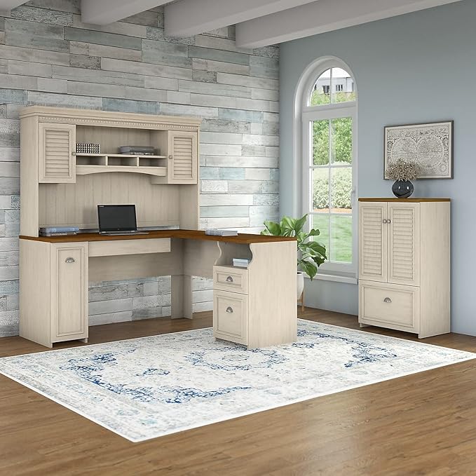 Bush Furniture Fairview 60W L Shaped Desk with Hutch and Storage Cabinet with File Drawer in Antique White and Tea Maple