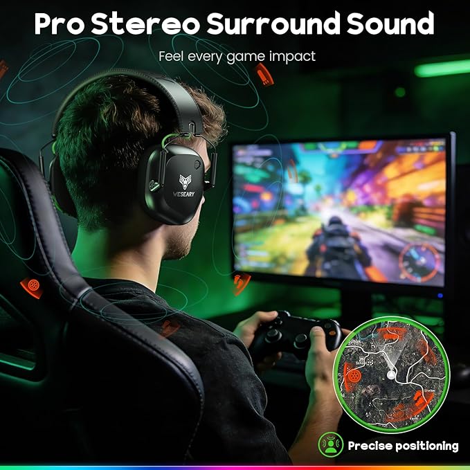 WESEARY Wireless Gaming Headset for PC, PS5, PS4, Switch & Mac, Dual-Mode 2.4GHz & Bluetooth Gaming Headphones with Microphone, Ultra-Low Latency, 3D Stereo Sound, Up to 45H Battery