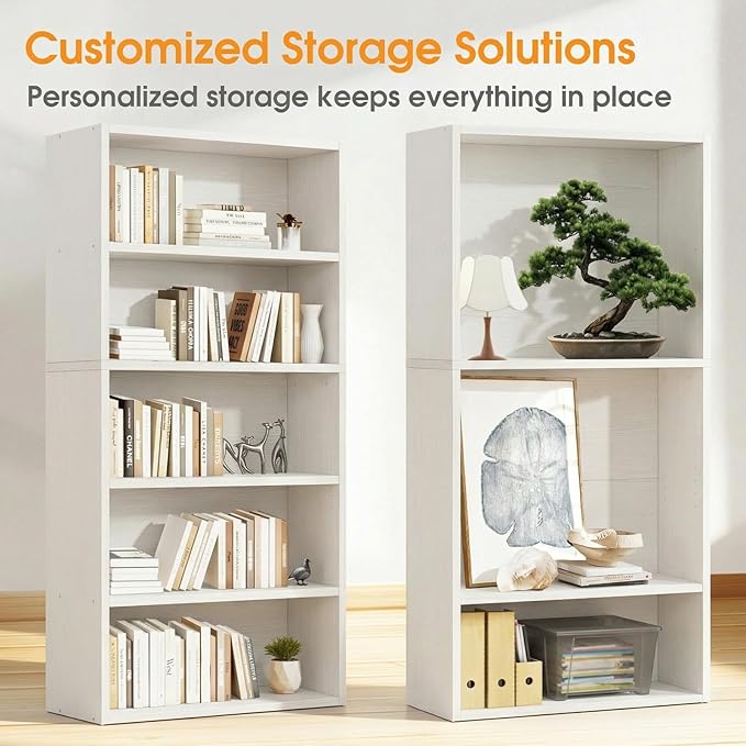 Sweetcrispy Industrial 5 Shelf Bookcase - Large 53 Inch Tall Floor Standing Open Bookshelf for Home Office, Living Room, and Bedroom Storage, Classic White