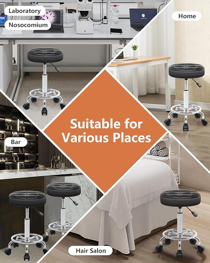Rolling Stool with Wheels - Swivel Small Office Chair with Footrest, PU Leather Shop Stool for Office Spa Studio Lab Counter Salon Home Work Bar Kitchen Shop Teach Medical Facial, Black