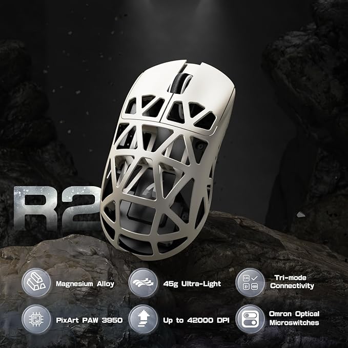 ATTACK SHARK R2PRO 45g Superlight Magnesium Alloy Mouse, PixArt PAW3950 Sensor, 42000DPI, 8000Hz Wireless Polling Rate, 2.4G/BT/Wired Gaming Mouse, Programmable Mice with Coiled Cable, PC/Mac, Creamy
