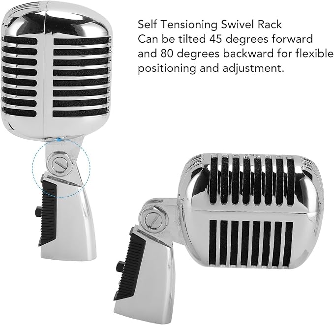 Classic Retro Microphone, Vintage Dynamic Microphone, Zinc Alloy Self Tensioning Rotating Rack, Unidirectional Cardioid Mic, Universal Stand Compatible (Silver)