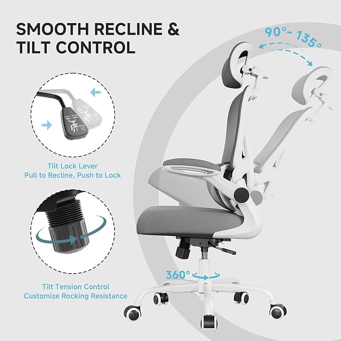Ergonomic Office Chair, 330LBS Desk Chair with 3-Level Lumbar Support & Headrest, Breathable Mesh Backrest, Flip-Up Armrests for Home Office and Gaming, White
